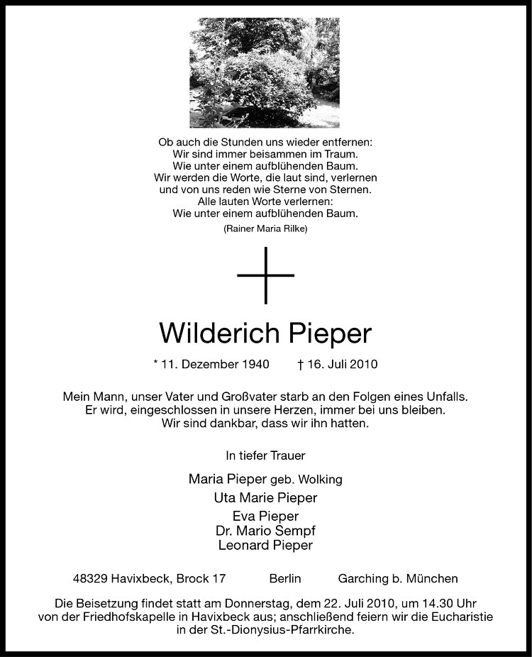  Traueranzeige für Wilderich Pieper vom 20.07.2010 aus Westfälische Nachrichten