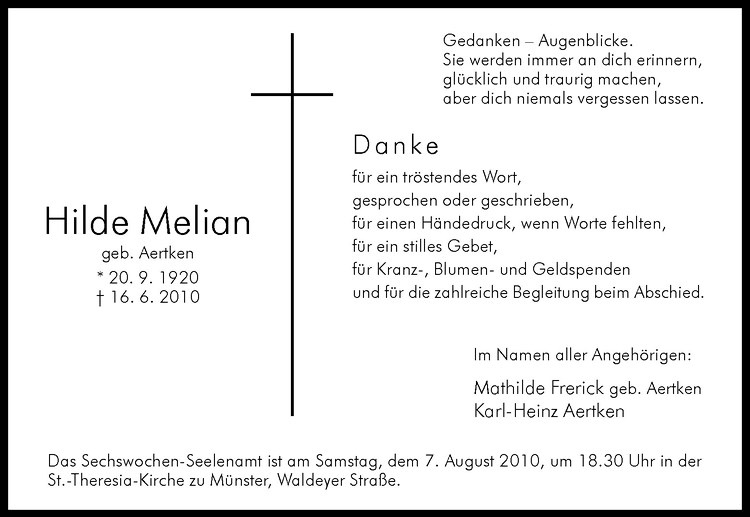  Traueranzeige für Hilde Melian vom 31.07.2010 aus Westfälische Nachrichten