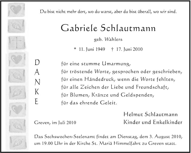  Traueranzeige für Gabriele Schlautmann vom 31.07.2010 aus Westfälische Nachrichten