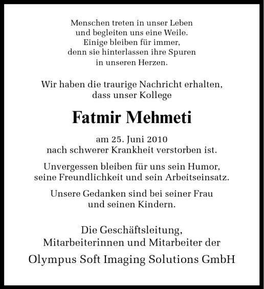  Traueranzeige für Fatmir Mehmeti vom 31.07.2010 aus Westfälische Nachrichten