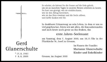 Anzeige von Gerd Glanerschulte von Westfälische Nachrichten