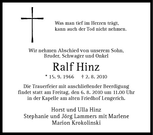  Traueranzeige für Ralf Hinz vom 05.08.2010 aus Westfälische Nachrichten