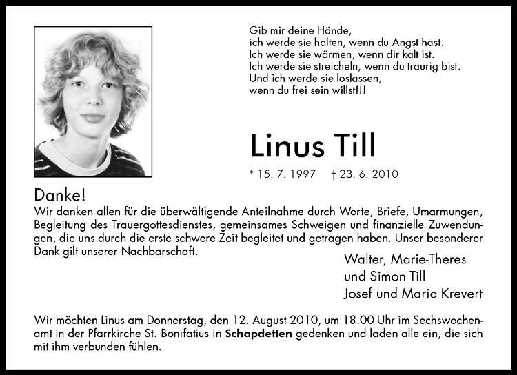  Traueranzeige für Linus Till vom 07.08.2010 aus Westfälische Nachrichten