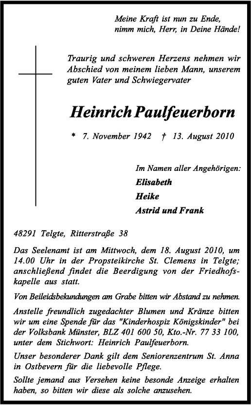  Traueranzeige für Heinrich Paulfeuerborn vom 16.08.2010 aus Westfälische Nachrichten