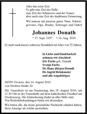 Anzeige von Johannes Donath von Westfälische Nachrichten