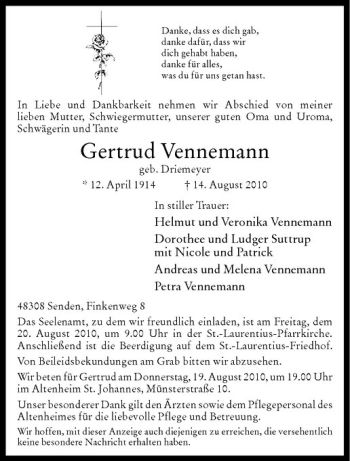 Anzeige von Gertrud Vennemann von Westfälische Nachrichten