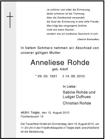 Anzeige von Anneliese Rohde von Westfälische Nachrichten