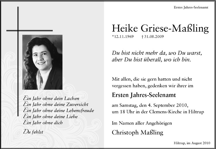  Traueranzeige für Heike Griese-Maßling vom 28.08.2010 aus Westfälische Nachrichten