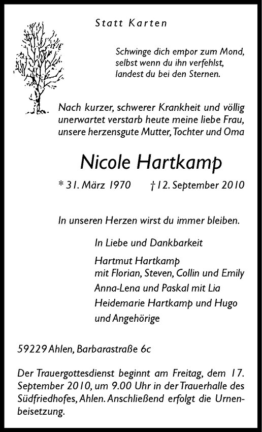  Traueranzeige für Nicole Hartkamp vom 15.09.2010 aus Westfälische Nachrichten