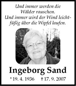  Traueranzeige für Ingeborg Sand vom 17.09.2010 aus Westfälische Nachrichten