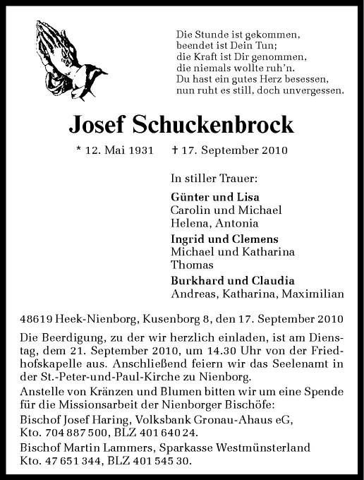  Traueranzeige für Josef Schuckenbrock vom 20.09.2010 aus Westfälische Nachrichten