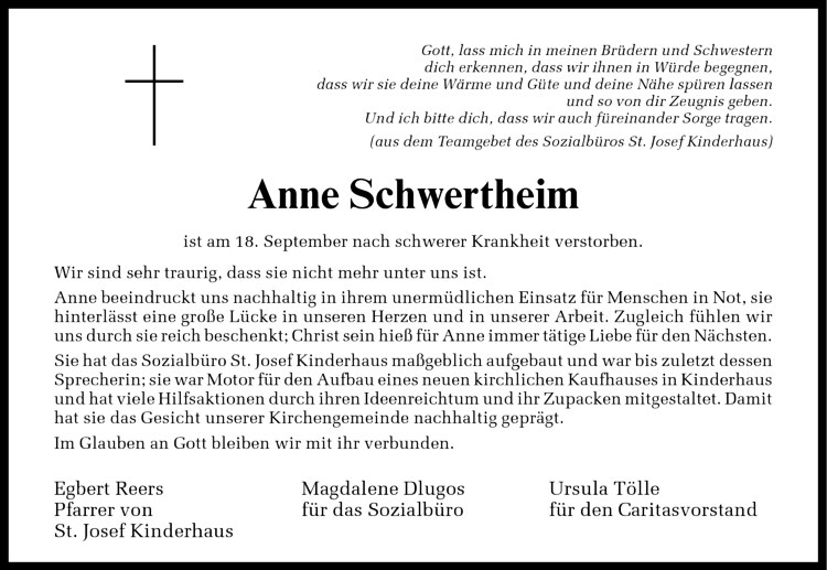  Traueranzeige für Anne Schwertheim vom 22.09.2010 aus Westfälische Nachrichten