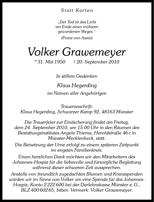  Traueranzeige für Volker Grawemeyer vom 22.09.2010 aus Westfälische Nachrichten