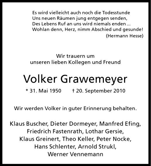  Traueranzeige für Volker Grawemeyer vom 24.09.2010 aus Westfälische Nachrichten