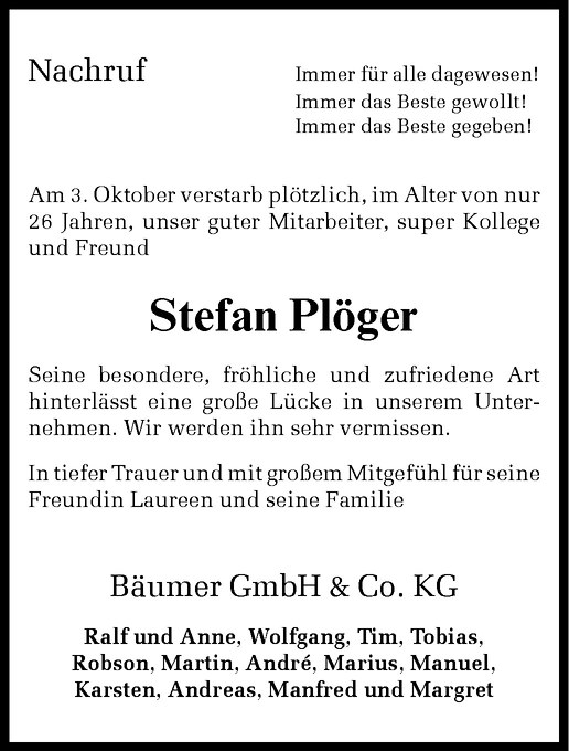  Traueranzeige für Stefan Plöger vom 08.10.2010 aus Westfälische Nachrichten