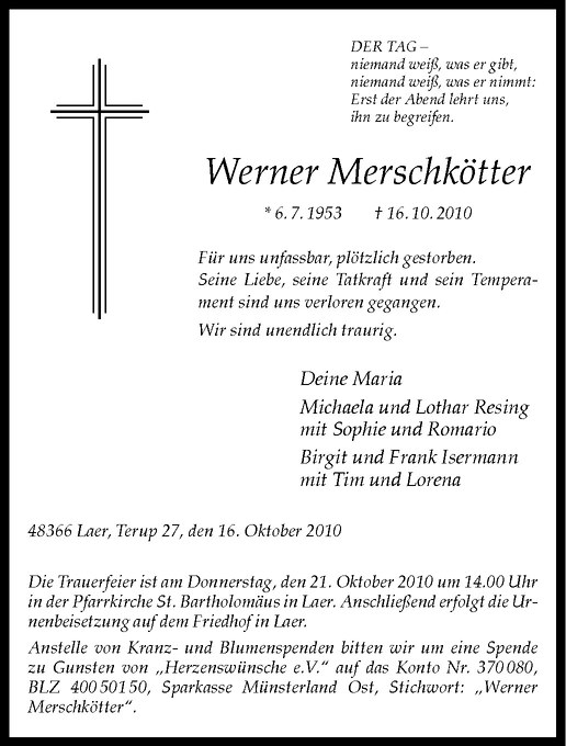  Traueranzeige für Werner Merschkötter vom 19.10.2010 aus Westfälische Nachrichten