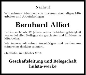 Anzeige von Bernhard Alfert von Westfälische Nachrichten