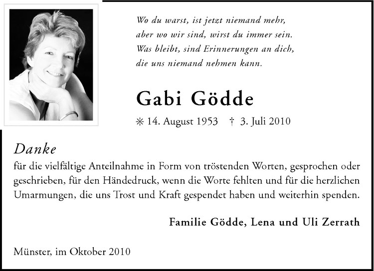  Traueranzeige für Gabi Gödde vom 23.10.2010 aus Westfälische Nachrichten