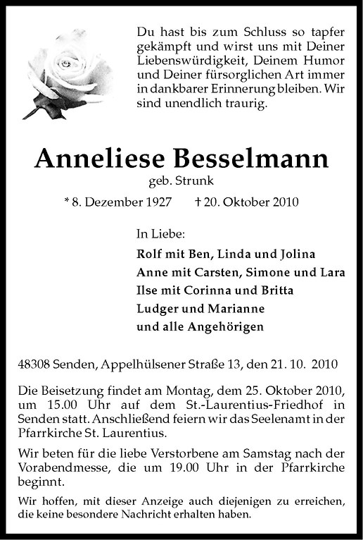  Traueranzeige für Anneliese Besselmann vom 22.10.2010 aus Westfälische Nachrichten