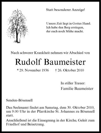 Anzeige von Rudolf Baumeister von Westfälische Nachrichten