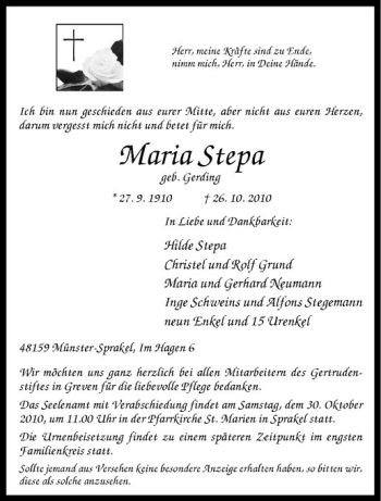 Anzeige von Maria Stepa von Westfälische Nachrichten