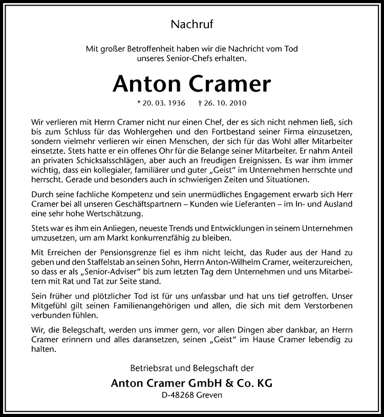  Traueranzeige für Anton Johannes Cramer vom 28.10.2010 aus Westfälische Nachrichten