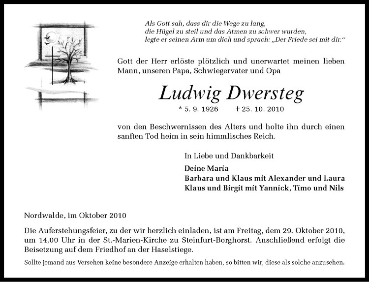 Traueranzeige für Ludwig Dwersteg vom 28.10.2010 aus Westfälische Nachrichten