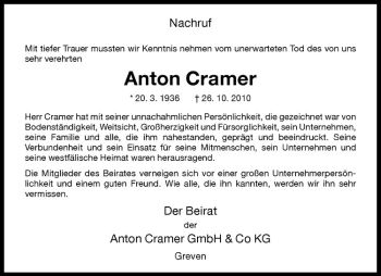Anzeige von Anton Cramer von Westfälische Nachrichten