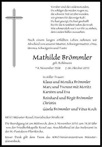 Anzeige von Mathilde Brömmler von Westfälische Nachrichten