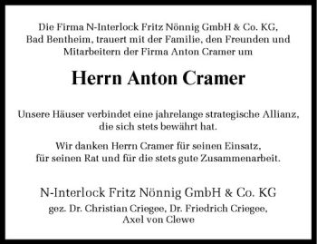 Anzeige von Anton Johannes Cramer von Westfälische Nachrichten