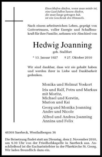 Anzeige von Hedwig Joanning von Westfälische Nachrichten
