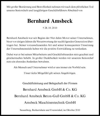 Anzeige von Bernhard Amsbeck von Westfälische Nachrichten