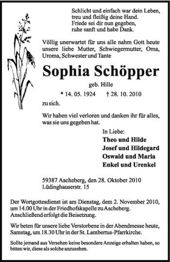 Anzeige von Sophia Schöpper von Westfälische Nachrichten