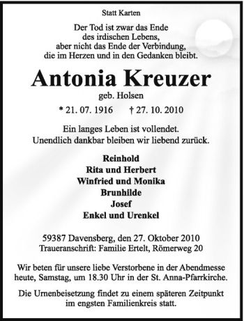 Anzeige von Antonia Kreuzer von Westfälische Nachrichten