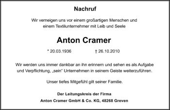 Anzeige von Anton Johannes Cramer von Westfälische Nachrichten