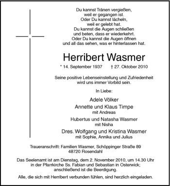 Anzeige von Herribert Wasmer von Westfälische Nachrichten