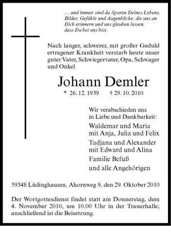 Anzeige von Johann Demler von Westfälische Nachrichten