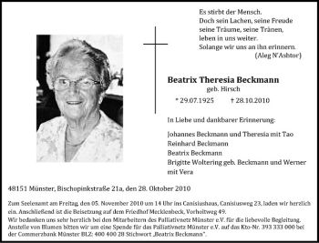 Anzeige von Beatrix Theresia Beckmann von Westfälische Nachrichten