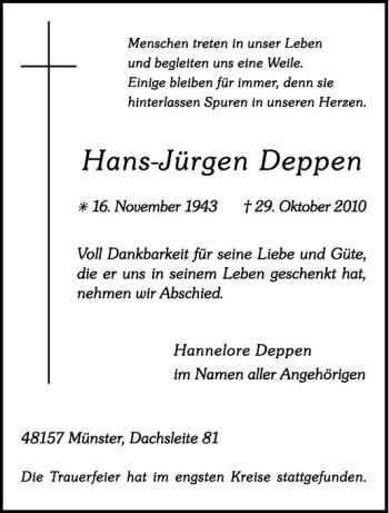 Anzeige von Hans-Jürgen Deppen von Westfälische Nachrichten