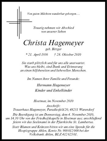 Anzeige von Christa Hagemeyer von Westfälische Nachrichten