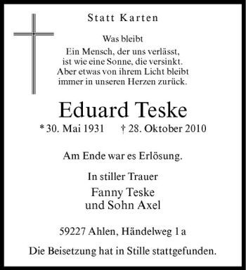 Anzeige von Eduard Teske von Westfälische Nachrichten
