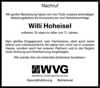 Anzeige von Willi Hoheisel von Westfälische Nachrichten