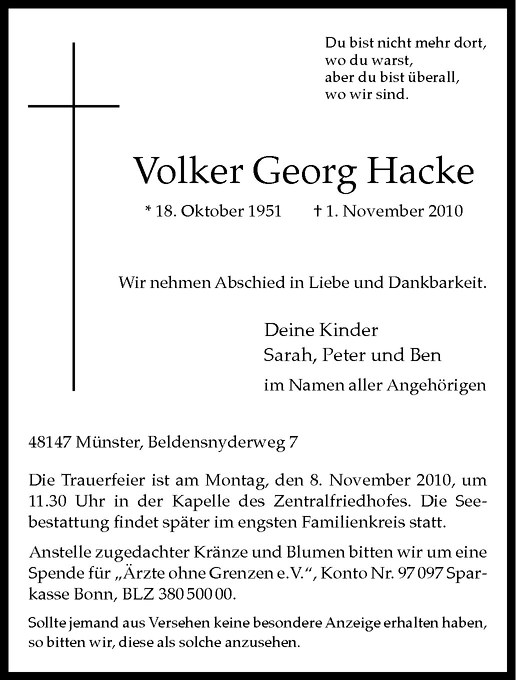  Traueranzeige für Volker Georg Hacke vom 06.11.2010 aus Westfälische Nachrichten