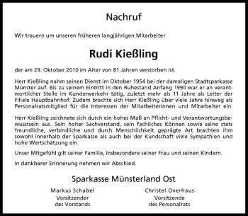 Anzeige von Rudi Kießling von Westfälische Nachrichten