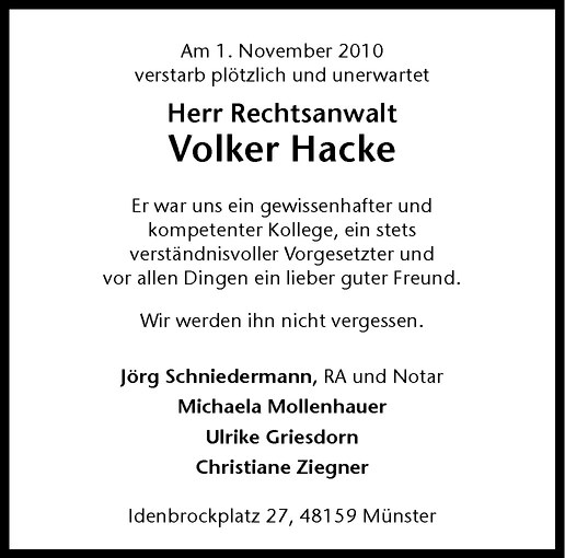  Traueranzeige für Volker Georg Hacke vom 08.11.2010 aus Westfälische Nachrichten
