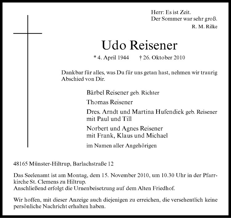  Traueranzeige für Udo Reisener vom 10.11.2010 aus Westfälische Nachrichten