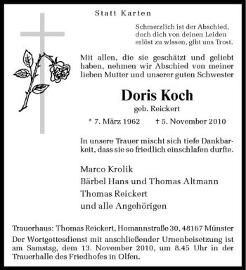 Anzeige von Doris Koch von Westfälische Nachrichten