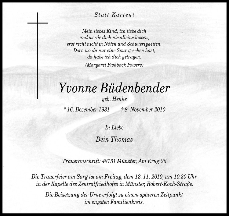  Traueranzeige für Yvonne Büdenbender vom 10.11.2010 aus Westfälische Nachrichten