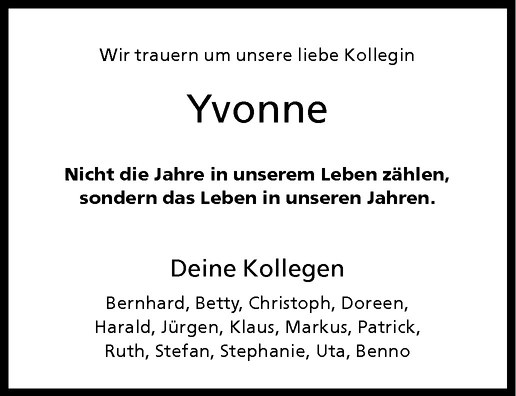  Traueranzeige für Yvonne Büdenbender vom 12.11.2010 aus Westfälische Nachrichten
