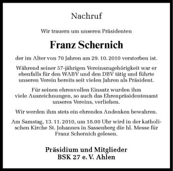 Anzeige von Franz Schernich von Westfälische Nachrichten